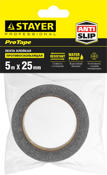 STAYER 25 мм, 5 м, черная, противоскользящая клейкая лента, Professional (12270-25-05)
