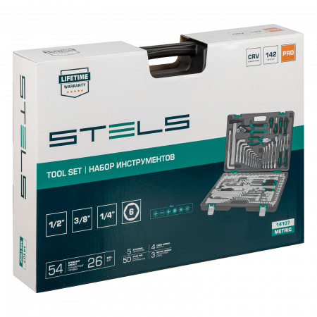 Набор инструментов, 1/2",3/8", 1/4", CrV, пластиковый кейс 142 предмета Stels Набор инструментов, 1/2",3/8", 1/4", CrV, пластиковый кейс 142 предмета Stels