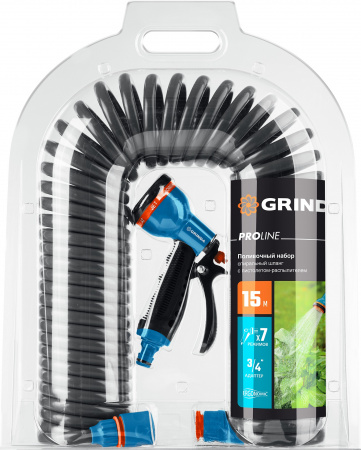 GRINDA спиральный шланг 3/8″ x 15 м, пистолет-распылитель, адаптеры, поливочный набор, PROLine (428495)