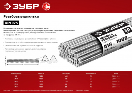 ЗУБР DIN 975, кл. пр. 4.8, М8 х 1000 мм, цинк, 50 шт, резьбовая шпилька (30330-08-1)