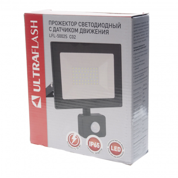 Прожектор UF-FL5002 LED SMD BLACK 50W 6500K 200х175мм с датчиком движения 220V ULTRA FLASH /1/20