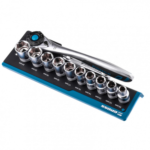 Набор торцевых головок, трещотка 120 зубьев, 1/2", CrV, 12 предметов Gross Набор торцевых головок, трещотка 120 зубьев, 1/2", CrV, 12 предметов Gross