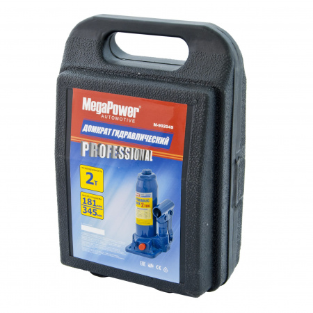Домкрат гидравлический M-90204S бутылочный 2т (выс.подъема 181-345мм) с клапаном в кейсе MEGAPOWER /1/6 HIT