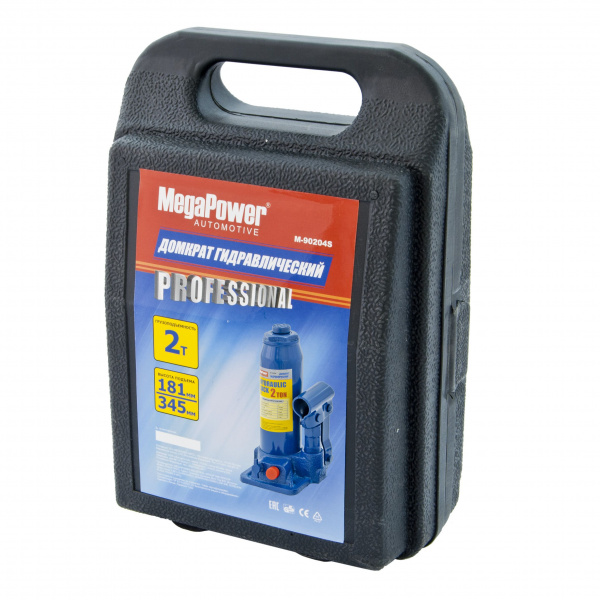 Домкрат гидравлический M-90204S бутылочный 2т (выс.подъема 181-345мм) с клапаном в кейсе MEGAPOWER /1/6 HIT
