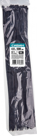 СИБИН ХС-Ч, 4.8 x 500 мм, нейлон РА66, 100 шт, черные, хомуты-стяжки (3788-48-500)