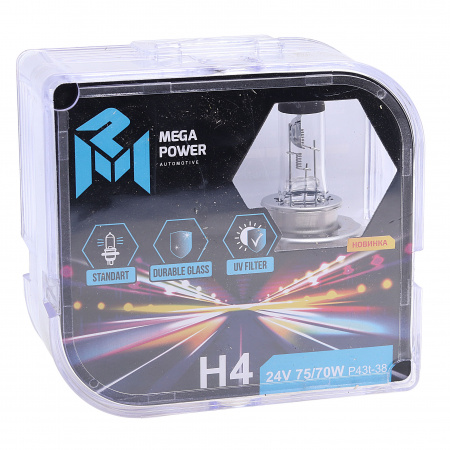 Автолампа H4 (75/70) P43t-38 STANDART (бокс, 2шт) 24V MEGAPOWER /1/10