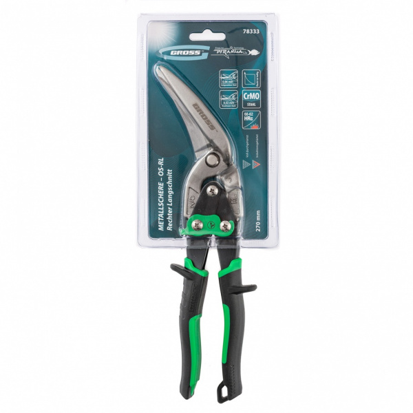 Ножницы по металлу "Piranha", 270 мм, прямой и правый проходной рез, сталь СrMo, двухкомпонентные рукоятки Gross