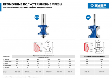 ЗУБР 28.6 x 25 мм, радиус 6.3 мм, фреза полустержневая, Профессионал (28723-28.6)
