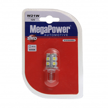 Автолампа W21W (W2.5*16q) 13 SMD 5050 WHITE блистер 6000K 260лм   12V MEGAPOWER /1 /50
