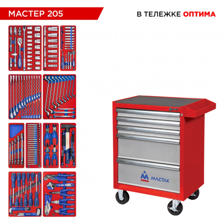 Набор инструментов 205 предметов, "МАСТЕР 205", в красной тележке МАСТАК 52-05205R Набор инструментов 205 предметов, "МАСТЕР 205", в красной тележке МАСТАК 52-05205R