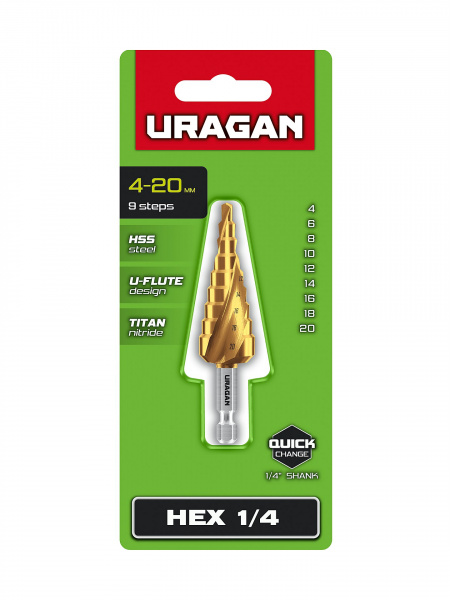 URAGAN 4-20мм, 9 ступеней, винтовая спираль, сверло ступенчатое(29658-4-20-9)