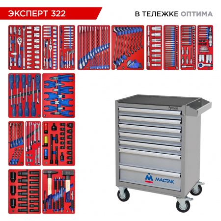 Набор инструментов 323 предмета, "ЭКСПЕРТ 322", в серой тележке МАСТАК 52-07322G Набор инструментов 323 предмета, "ЭКСПЕРТ 322", в серой тележке МАСТАК 52-07322G