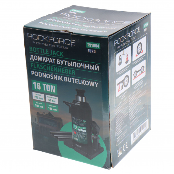 Домкрат гидравлический RF-T91604EURO бутылочный с клапаном 16т (выс.подъема 205-390мм) ROCKFORCE /1/2