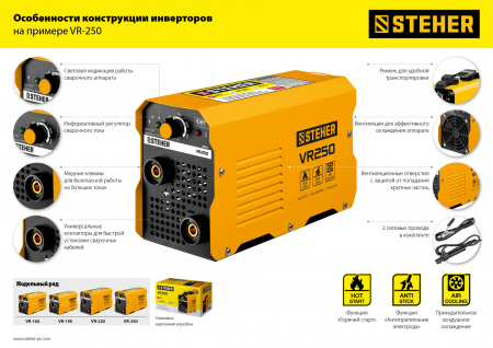 STEHER ММА, 250 А, сварочный аппарат инверторный, макс. электрод Ø 5.0 мм (VR-250)