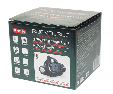 Фонарь RF-01156 светодиодный аккумуляторный налобный (10W LED,1500Lm,,2000mAh,зарядка12V,время раб.4ч,время заряд.6ч,защита гнезда зарядки)ROCKFORCE /