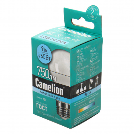 Лампа светодиодная E27 A60 9W холодный свет CAMELION 1/10/100