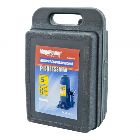 Домкрат гидравлический M-90504S бутылочный 5т (выс.подъема 216-413мм) с клапаном в кейсе MEGAPOWER /1/4 HIT