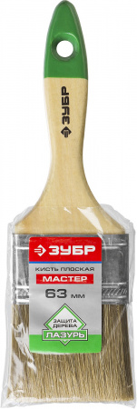 ЗУБР ЛАЗУРЬ, 63 мм, 2.5″, светлая смешанная щетина, деревянная ручка, плоская кисть (4-01009-063)