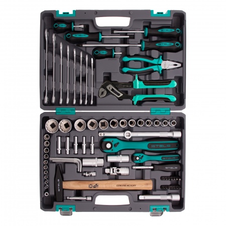 Набор инструментов, 1/2", 1/4", CrV, 12 гранные головки, пластиковый кейс, 76 предметов Stels Набор инструментов, 1/2", 1/4", CrV, 12 гранные головки, пластиковый кейс, 76 предметов Stels