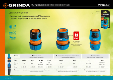 GRINDA TL-12, 1/2″, с запирающим механизмом, пластиковый с TPR, для шланга, быстросъёмный соединитель, PROLine (8-426427)