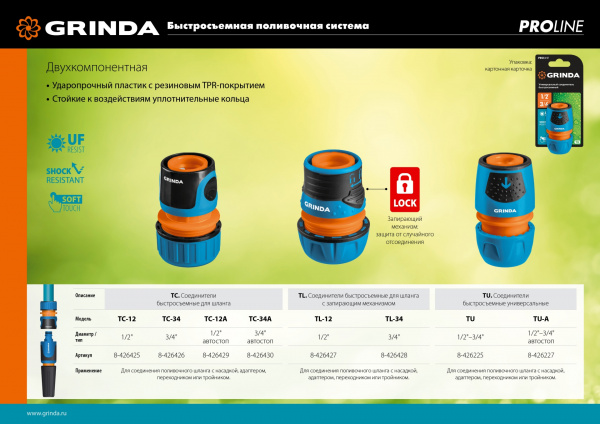 GRINDA TL-12, 1/2″, с запирающим механизмом, пластиковый с TPR, для шланга, быстросъёмный соединитель, PROLine (8-426427)