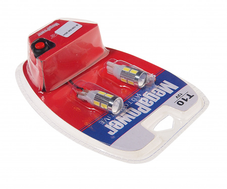 Автолампа T10W (W2,1x9,5d) 10 SMD 5630 WHITE блистер с тестером (2 шт) 6000K 600лм   12V MEGAPOWER /1 /25