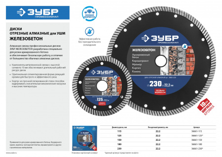 ЗУБР Железобетон, 230 мм, (22.2 мм, 10 х 3.1 мм), сегментированный алмазный диск, Профессионал (36661-230)
