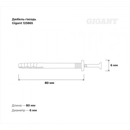 Дюбель-гвоздь Gigant 6x80 грибовидная манжета полипропилен 100 шт 123865