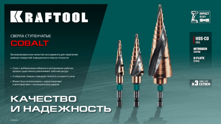 KRAFTOOL COBALT 4-20мм, 9 ступеней, азотирование, винтовая спираль, сверло ступенчатое(29691-4-20-9)