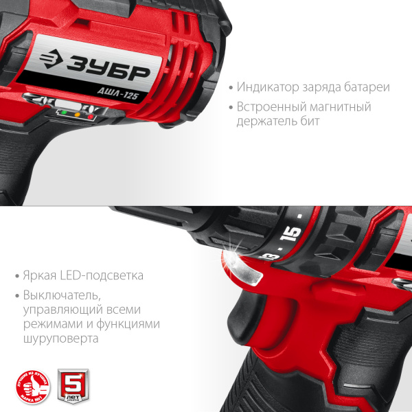 ЗУБР С1-12, 12 В, 30 Н·м, 2 АКБ (2 А·ч), дрель-шуруповерт, кейс (ДШЛ-125-22)