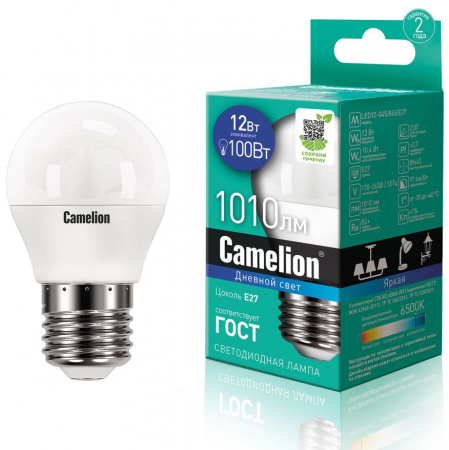 Лампа светодиодная E27 G45 12W дневной свет CAMELION 1/10/100