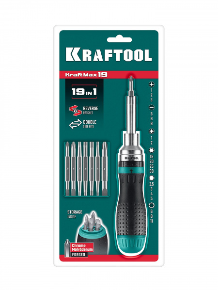 KRAFTOOL 19-в-1 KraftMax 19, Реверсивная отвертка с битами (25862)