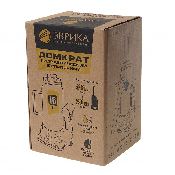 Домкрат гидравлический ER-80161 бутылочный с клапаном 16т, ремкомплект (выс. подъема230-435мм) ЭВРИКА /1/2