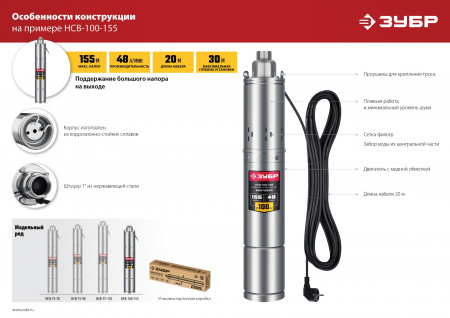 ЗУБР 550 Вт, 90 м напор, скважинный насос винтовой, корпус из нержавеющей стали (НСВ-75-90)