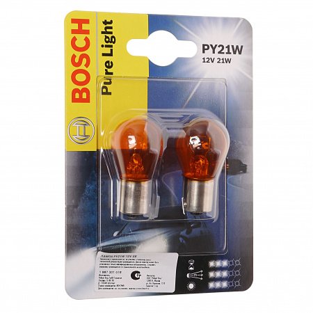 Автолампа PY21W (BAU15s) YELLOW (блистер, 2шт) PURE LIGHT 12V BOSCH /1